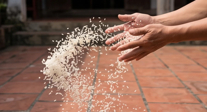 Bàn tay vung mạnh hỗn hợp muối và gạo tẻ ra khoảng sân gạch đỏ rộng rãi trước hiên nhà