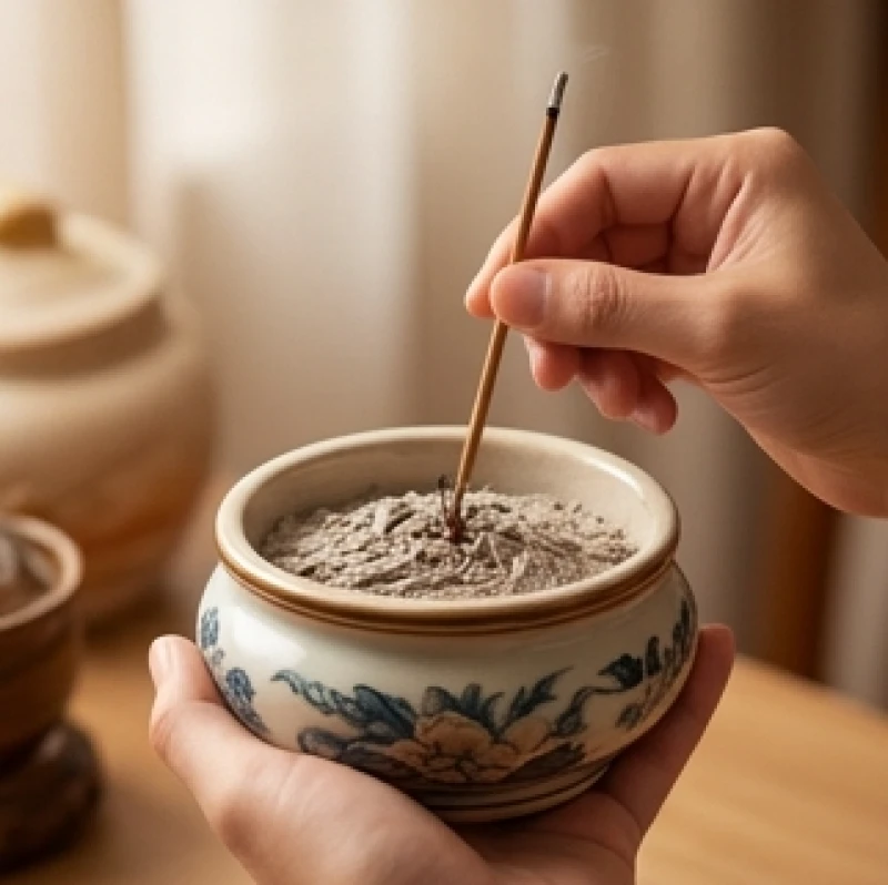 Một tay giữ chặt mép bát hương Thần Tài trong khi tay kia nhẹ nhàng rút từng nén chân nhang cũ