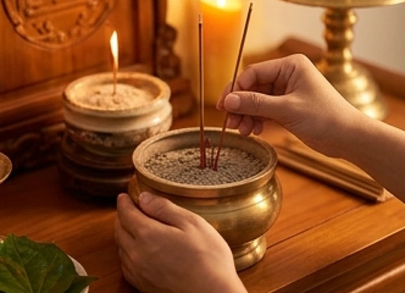 Một tay giữ chặt lư hương tay kia nhẹ nhàng rút từng chân nhang cũ ra ngoài