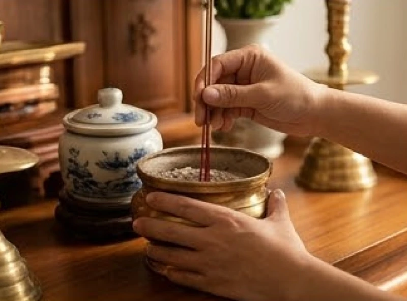 Một tay giữ chặt mâm hương, tay kia từ từ rút thẳng từng nén chân nhang cũ