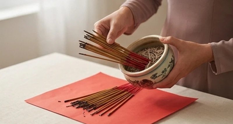 Đôi bàn tay cẩn thận giữ chặt lư hương đồng và nhẹ nhàng rút từng chân nhang cũ đặt lên tờ giấy đỏ