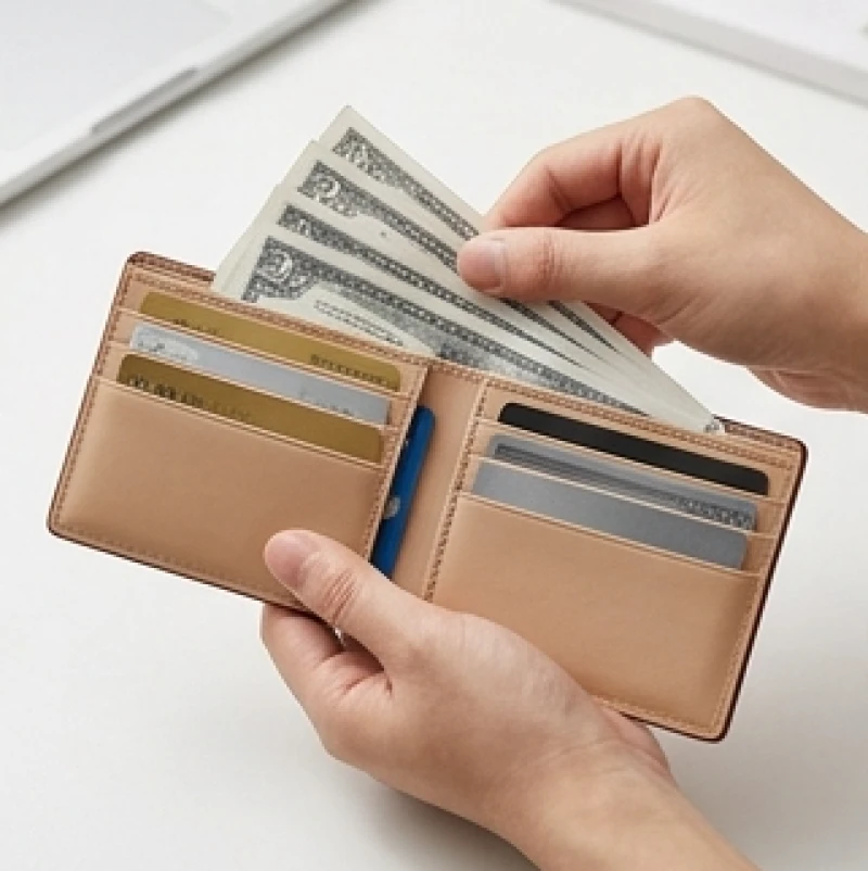 Sắp xếp tiền mệnh giá lớn và thẻ ngân hàng ngăn nắp trong chiếc ví da