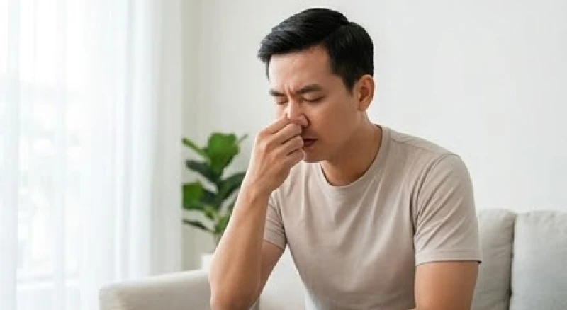 Chảy máu là điềm gì: Giải mã chi tiết và cách hóa giải 3 Người đàn ông ngồi thẳng lưng và dùng hai ngón tay bóp chặt hai bên cánh mũi để tự cầm máu cam