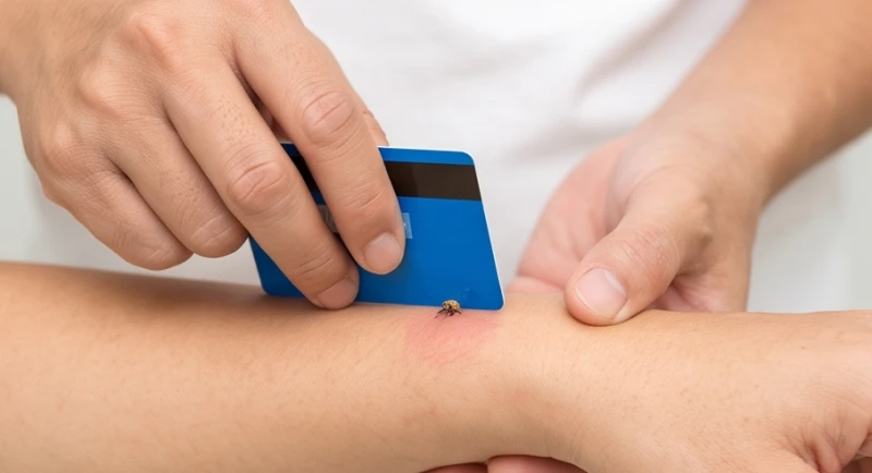 Bị ong đốt là điềm gì: Giải mã vị trí, mốc giờ & cách sơ cứu 3 Dùng cạnh phẳng của chiếc thẻ nhựa để gạt nhẹ ngòi ong ra khỏi bề mặt da để ngăn nọc độc lan rộng