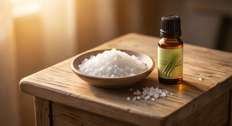 Đĩa muối hạt trắng tinh và lọ tinh dầu sả chanh đặt cạnh giường ngủ giúp hóa giải vận xui khi mơ thấy dê.