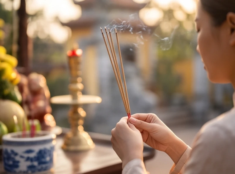 Thao tác dâng ba nén nhang ngang trán trước khi cắm vào bát hương