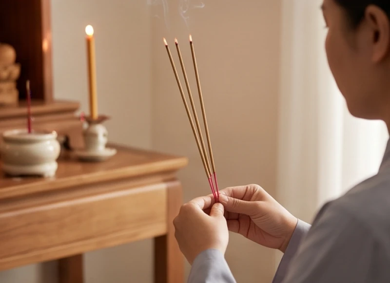 Văn khấn Phật tại nhà: Trọn bộ bài cúng chuẩn và quy tắc dâng lễ 6 Gia chủ chắp tay thành kính nâng ba nén hương cháy đỏ rực dâng lên ban thờ