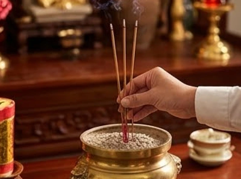 Đôi bàn tay thành kính dâng những nén nhang đang cháy hồng lên trước bát hương