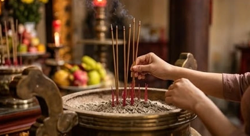 Văn khấn Huyền Thiên Trấn Vũ: Bài khấn chuẩn và nghi thức dâng lễ 7 Hai tay nâng cẩn thận nén nhang đỏ rực sáng cắm ngay ngắn vào lư hương trước ban thờ linh thiêng.