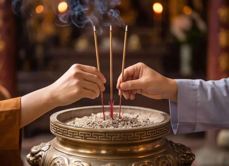 Văn khấn Bà Chúa Năm Phương: Bài cúng chuẩn và cách sắm lễ 8 Đôi bàn tay cẩn thận cắm ba nén hương đang cháy đỏ vào bát nhang bằng đồng tại trung tâm ban thờ