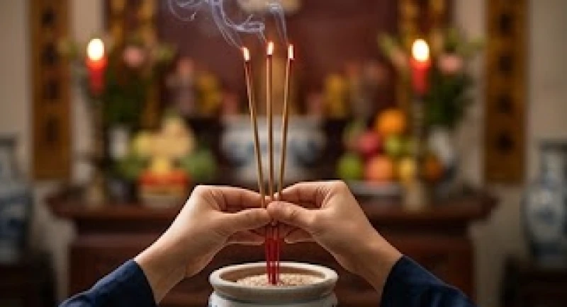 Văn khấn gia tiên đêm giao thừa: Bản chuẩn cổ truyền & rút gọn 3 Bàn tay nâng ba nén hương đỏ rực lên ngang trán trước khi cắm vào bát hương trên ban thờ