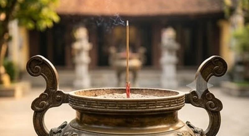 Một nén hương duy nhất được cắm thẳng đứng và ngay ngắn vào chiếc lư hương lớn bằng đồng đặt trước sân đền