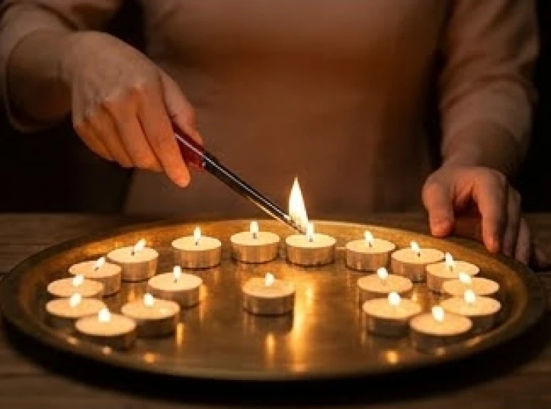 Văn khấn sao Mộc Đức chuẩn: Sơ đồ 20 nến và cách ghi bài vị 7 Đôi bàn tay cẩn thận dùng bật lửa cán dài thắp sáng từng ngọn nến từ hàng trong cùng ra phía ngoài