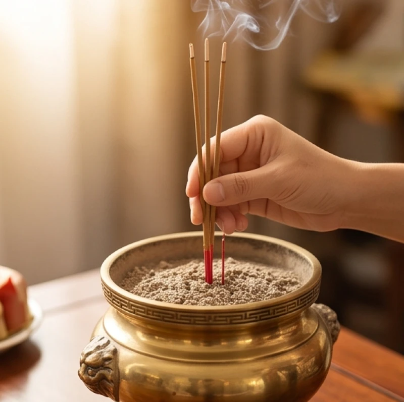 Tuổi Tỵ khai trương ngày nào tốt: lịch đẹp và tuổi hợp mở hàng 8 Đôi bàn tay cẩn thận cắm thẳng ba nén nhang đang cháy đỏ vào lư hương chứa cát mịn đặt trên ban thờ