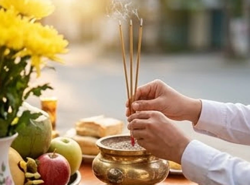 Văn khấn khai trương: Bài cúng chuẩn và quy trình nghi lễ bài bản 7 Bàn tay cầm ba nén nhang cháy đỏ rực cắm thẳng đứng vào lư hương bằng đồng chính giữa mâm lễ