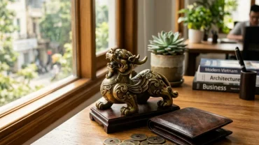 Bàn làm việc bằng gỗ tinh tế với vật phẩm phong thủy minh họa cách thu hút tài lộc cho người tuổi Dần