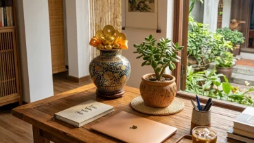 Bàn làm việc với bình hút lộc và la bàn phong thủy là cách thu hút tài lộc cho người tuổi dậu