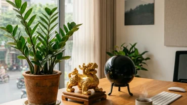 Góc bàn làm việc phong thủy bài trí tỳ hưu và thạch anh như một cách thu hút tài lộc cho người tuổi hợi