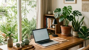 Góc làm việc gọn gàng được sắp xếp theo cách thu hút tài lộc cho người tuổi mão với vật phẩm tương sinh
