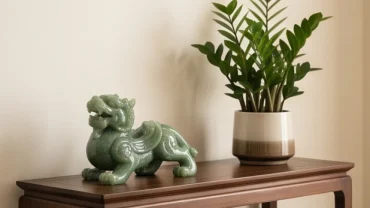 Không gian phòng khách an vị Tỳ hưu và cây kim tiền hỗ trợ cách thu hút tài lộc cho người tuổi mão