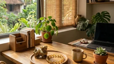 Không gian làm việc bài trí theo cách thu hút tài lộc cho người tuổi sửu với tượng Tỳ Hưu và vòng đá phong thủy