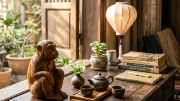 Góc làm việc mang đậm nét văn hóa Việt với các vật phẩm phong thủy chuẩn cách thu hút tài lộc cho người tuổi thân