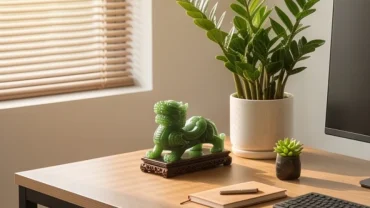 Không gian làm việc phong thủy thu hút tài lộc cho người tuổi Tỵ với linh vật Tỳ Hưu và cây kim tiền