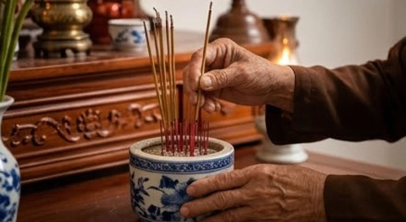 Đôi bàn tay cẩn thận rút từng chân nhang cũ khỏi bát hương bằng sứ, giữ lại không gian sạch sẽ và thanh tịnh cho bàn thờ
