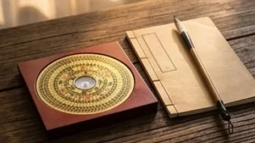 La bàn phong thủy bát trạch và sổ ghi chép hỗ trợ cách tính cung mệnh theo năm sinh chính xác