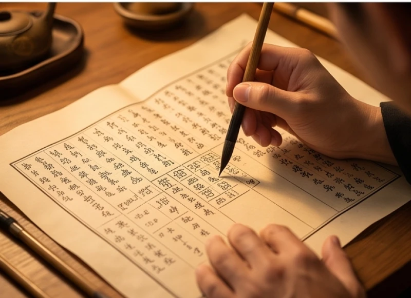 Bàn tay tỉ mỉ dùng bút lông ghi chú các con số tính toán ngũ hành trên mặt giấy dó