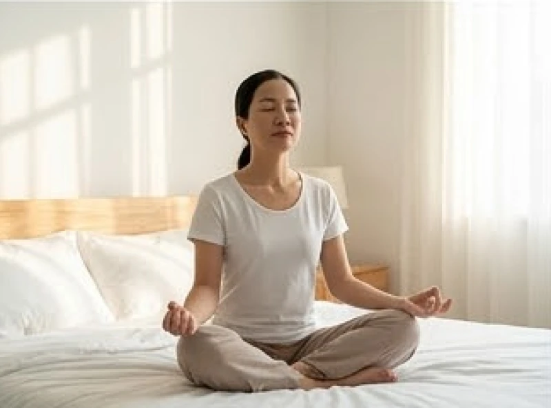 Mơ thấy đi qua cầu: Giải mã điềm báo, con số và cách hóa giải 8 Người phụ nữ ngồi nhắm mắt hít thở tĩnh tâm trên giường trong căn phòng ngủ ngập tràn ánh sáng