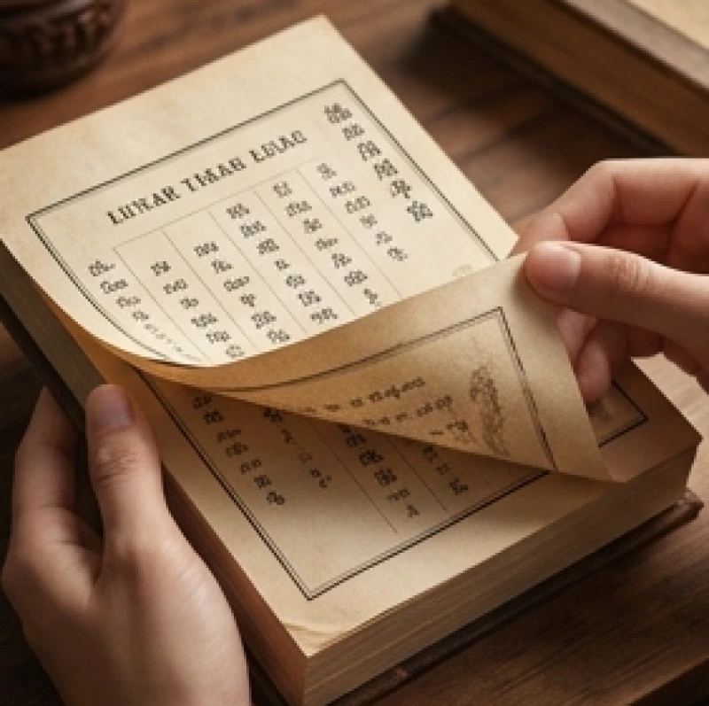 Đôi bàn tay lật giở từng trang lịch vạn niên cổ truyền để đối chiếu chính xác ngày tháng năm sinh