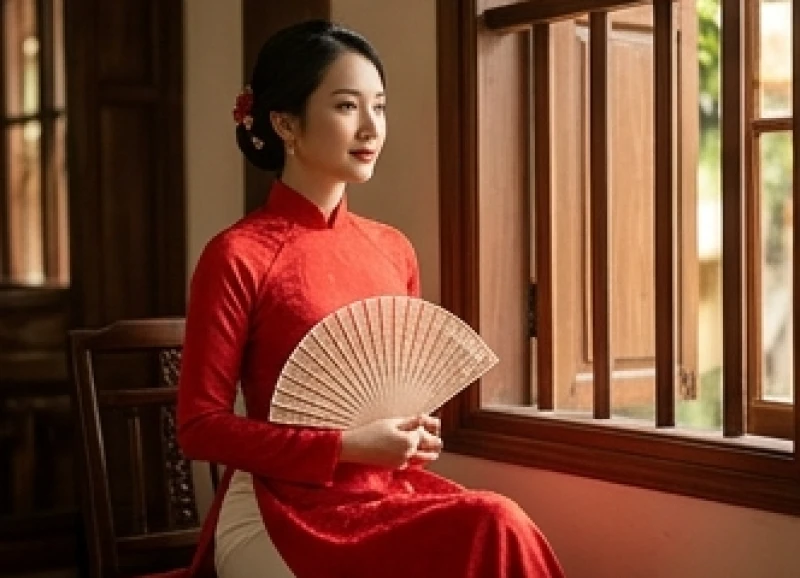 Người phụ nữ mặc áo dài đỏ tĩnh tâm chuẩn bị cho các nghi thức cưới hỏi dân gian truyền thống