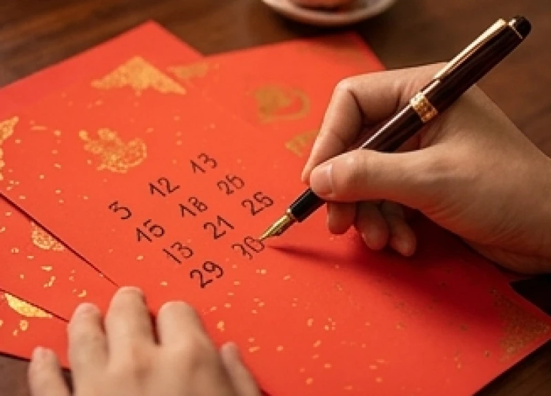 Bàn tay viết các con số tính toán tuổi mụ cưới hỏi trên nền giấy đỏ có hoa văn