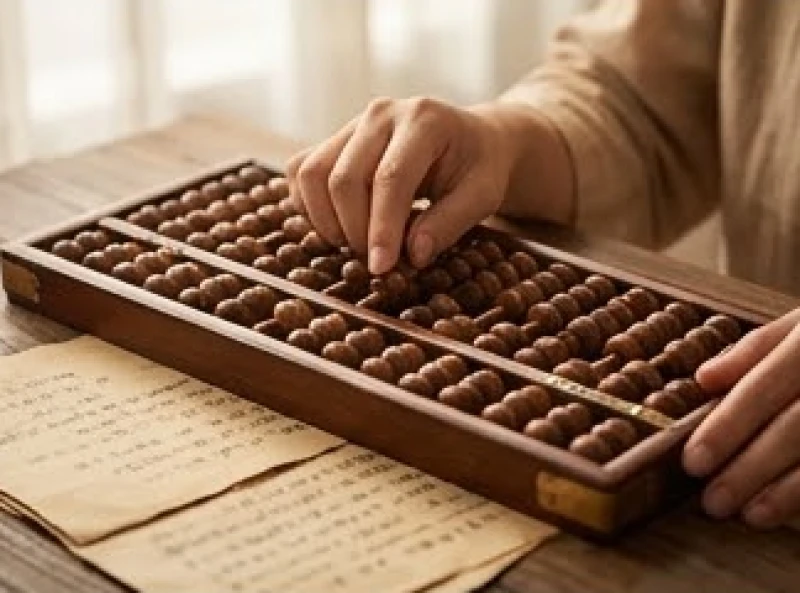 Bàn tay đang gảy các hạt của bàn tính gỗ cổ truyền để thực hiện cách tính tuổi mụ làm nhà