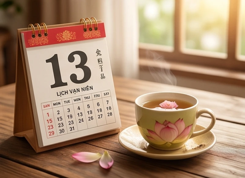 Cuốn lịch vạn niên và tách trà sen đặt trên bàn gỗ, gợi nhắc đến việc tra cứu tuổi mụ để chuẩn bị hôn sự