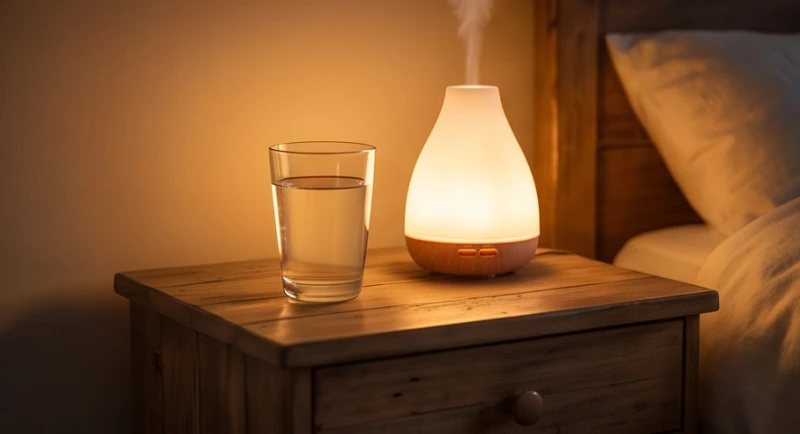 Mơ thấy rắn đỏ: Điềm báo cát hung, ý nghĩa và mẹo hóa giải 7 Một ly nước ấm và máy xông tinh dầu đặt trên chiếc tủ gỗ đầu giường trong không gian phòng ngủ với ánh sáng vàng êm dịu.