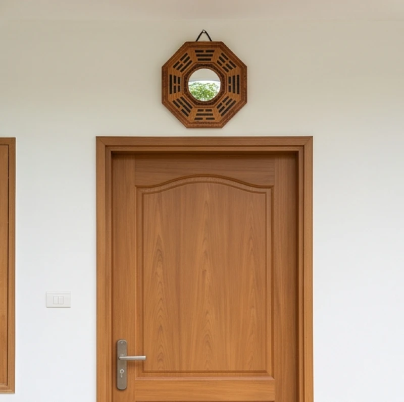 Gương bát quái bằng gỗ được bọc viền cẩn thận treo ngay ngắn trước bậc thềm cửa nhà