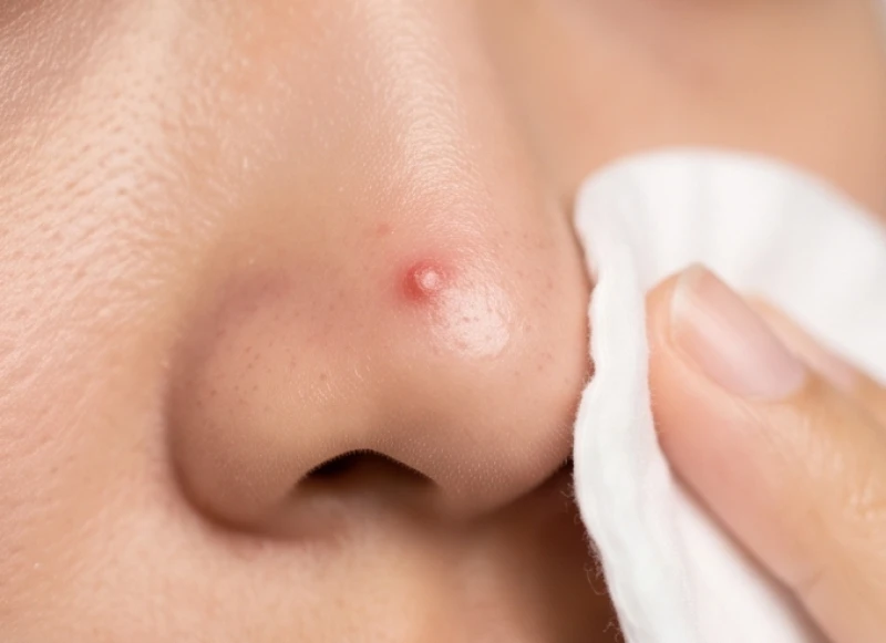 Mụn mọc ở mũi là điềm gì: Giải mã từng vị trí & cách xử lý 1 Cận cảnh nốt mụn mọc ở mũi sưng tấy đang được làm sạch bằng bông tẩy trang chuyên dụng