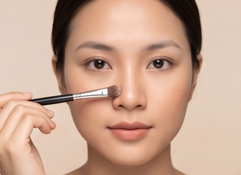 Cô gái dùng cọ trang điểm để tự đo độ dài và nhận biết tướng lông mày ngắn