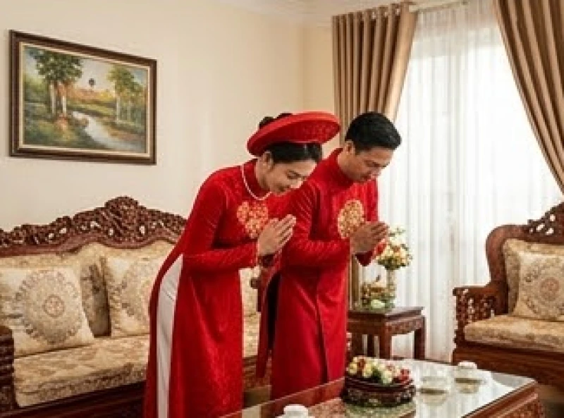 Văn khấn xin dâu chuẩn phong tục: Kịch bản và bài khấn chi tiết 8 Cô dâu và chú rể cùng thực hiện nghi thức cúi vái nhịp nhàng trước bàn thờ gia tiên nhà gái