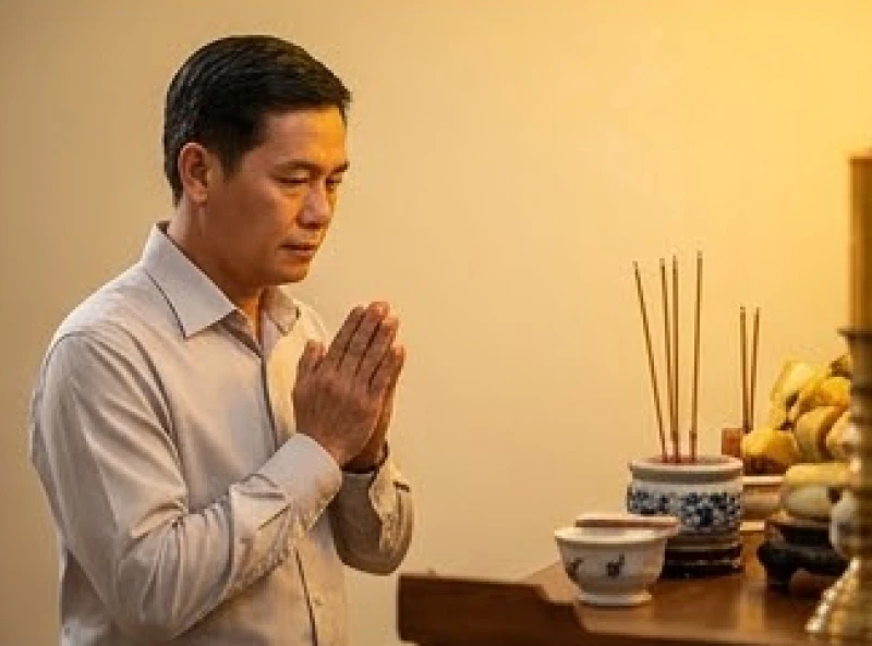 Người chồng đứng chắp tay trang nghiêm trước bàn thờ, đọc nhẩm văn khấn với danh xưng tâm linh đúng chuẩn