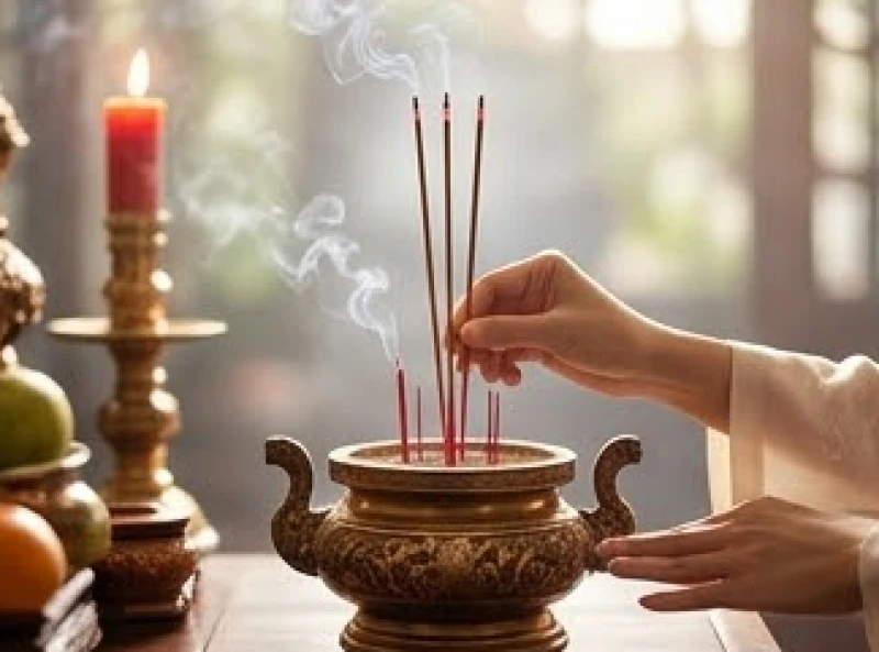 Đôi bàn tay nâng ba nén nhang đỏ cắm cẩn thận vào lư hương bằng đồng trên bàn thờ Tổ nghề sân khấu