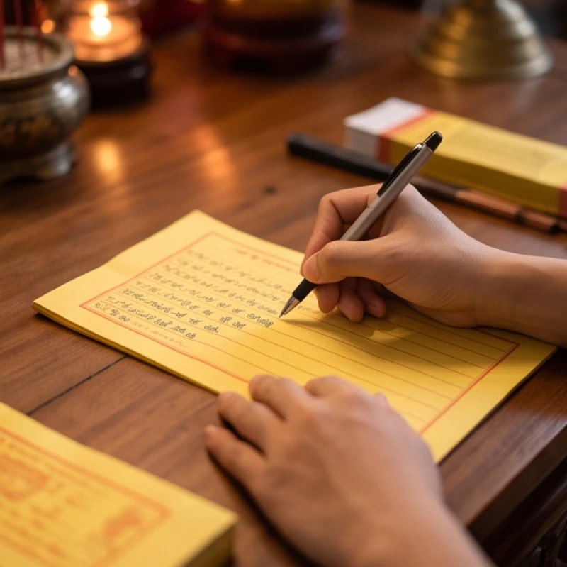 Văn khấn cầu duyên tại chùa: Trình tự dâng lễ và cách ghi sớ 2 Bàn tay cầm bút điền thông tin lên tờ sớ trước khi đọc văn khấn cầu duyên tại chùa