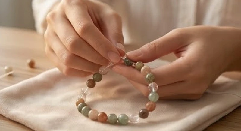 Đôi bàn tay khéo léo đang dùng đoạn dây cước mới để xỏ từng hạt đá phong thủy vào vòng thật cẩn thận