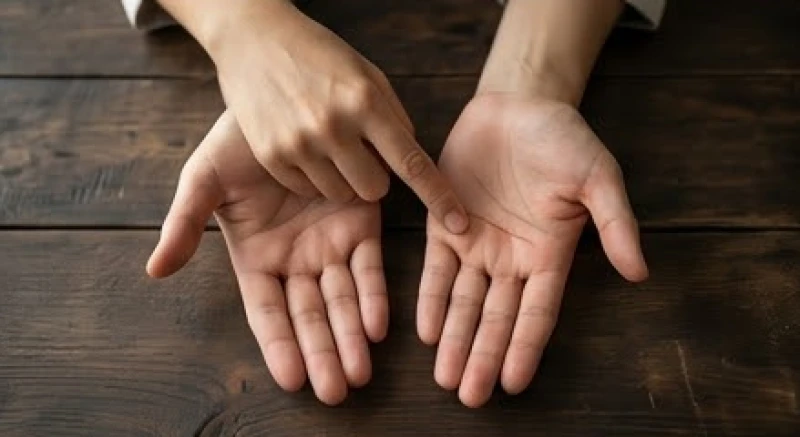 Người luận giải chỉ tay đang chăm chú quan sát và đối chiếu các đường nét trên lòng bàn tay