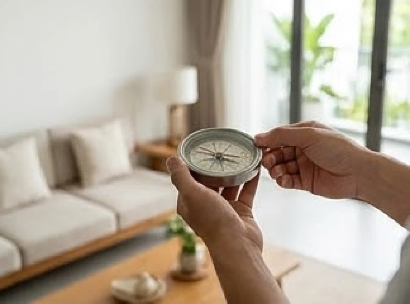 Gia chủ đang sử dụng la bàn đo hướng cửa chính để đối chiếu với công thức Bát trạch