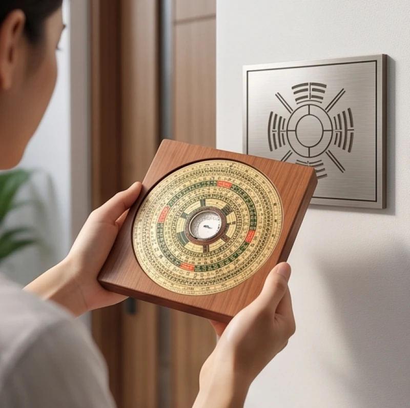 Gia chủ cầm la bàn phong thủy kiểm tra xem biển số nhà hợp tuổi thân hay không