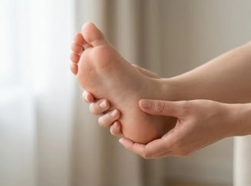 Người phụ nữ đang chạm tay vào gót chân để kiểm tra độ dày và màu sắc da khi xem tướng bàn chân nhỏ