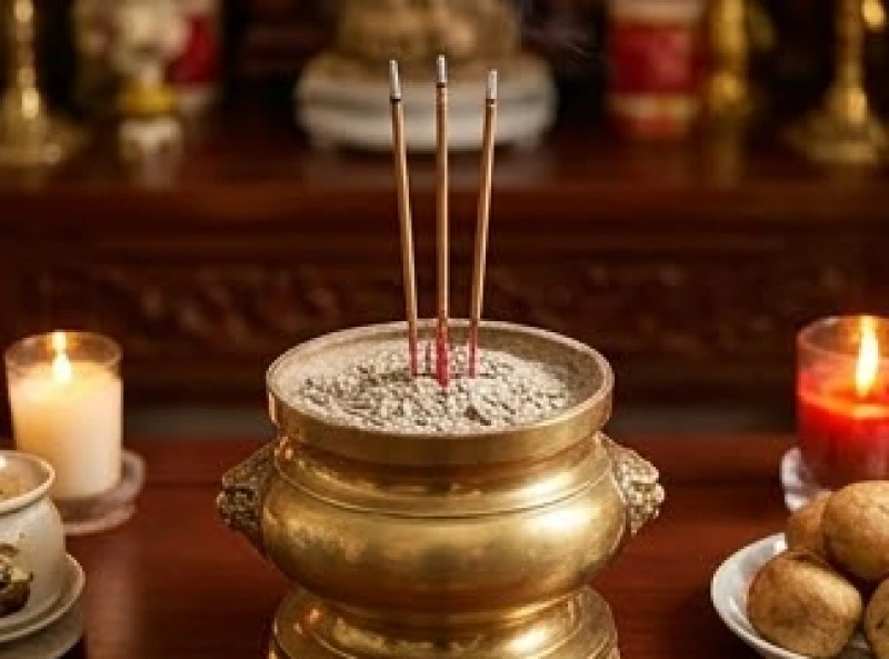 Bát hương trên bàn thờ với các nén nhang đã tàn quá 2/3, báo hiệu thời điểm xin hạ lễ